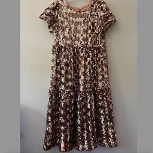 Maeve 'Bernadette' Rose Gold Full Sequin Tiered Midi Dress S/S Size Small